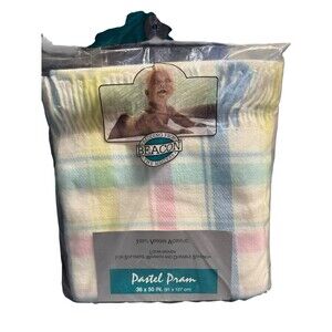 VTG Beacon Pastel Pram Crib Blanket Fringe Border Pink Blue Green USA Made New